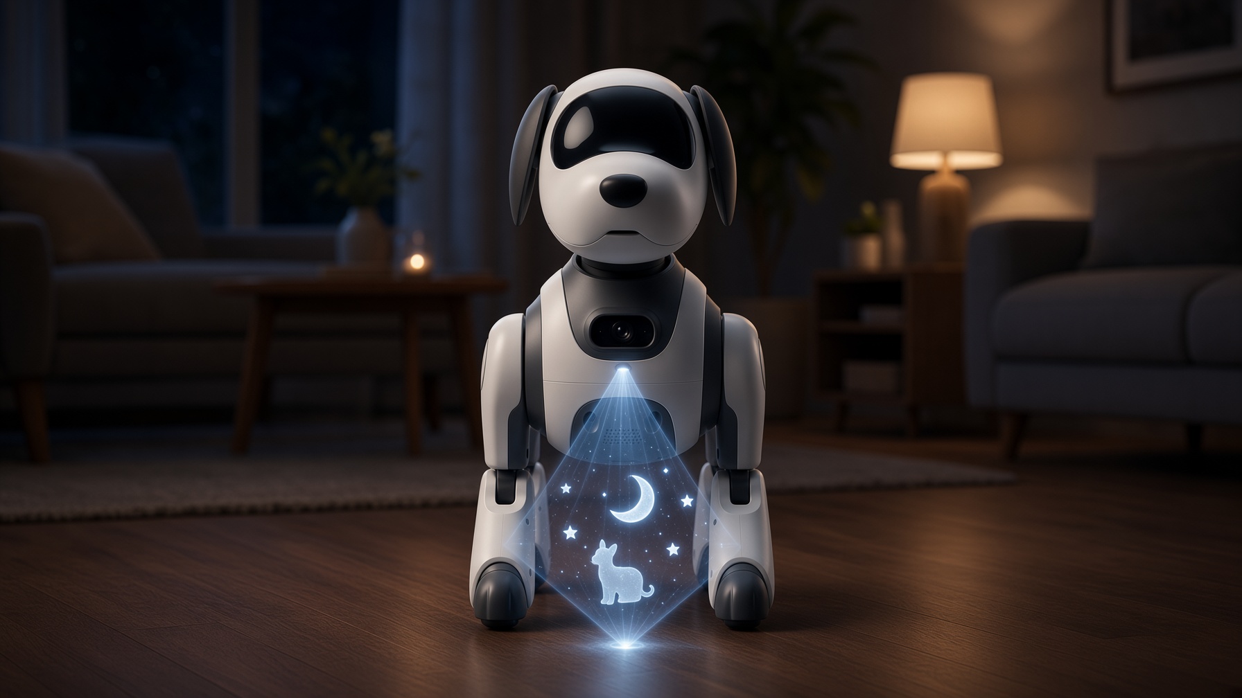 Robopaw projecting a holographic story on the floor